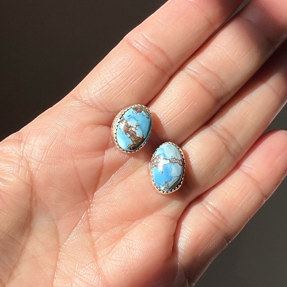Golden Hills Turquoise Stone Oval Stud Earrings - Blue Silver Accent